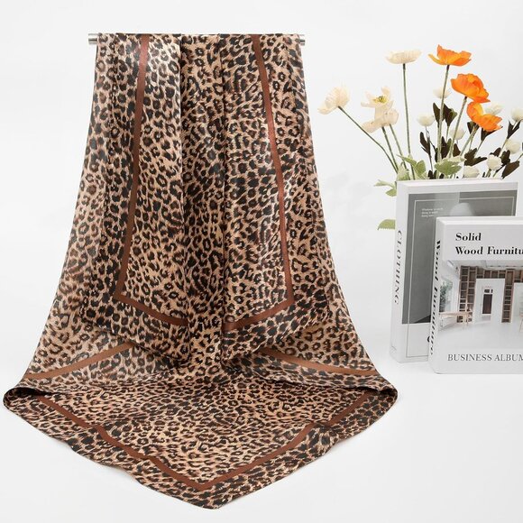 35 Inch Silk Head Scarf 2 Pcs Leopard + Black - Picture 4 of 7